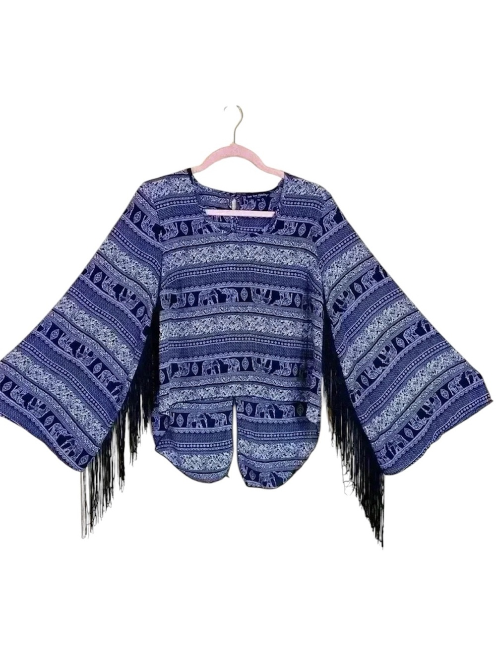 See You Monday Fringed Bell Sleeve Elephant Safari Boho Crop Back Split Top (M)